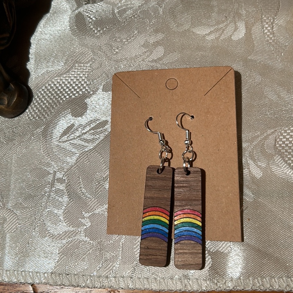 Handmade Wooden Rainbow Boho Dangle Earrings Hand Painted & Engraved Y2K Summer - Picture 6 of 9